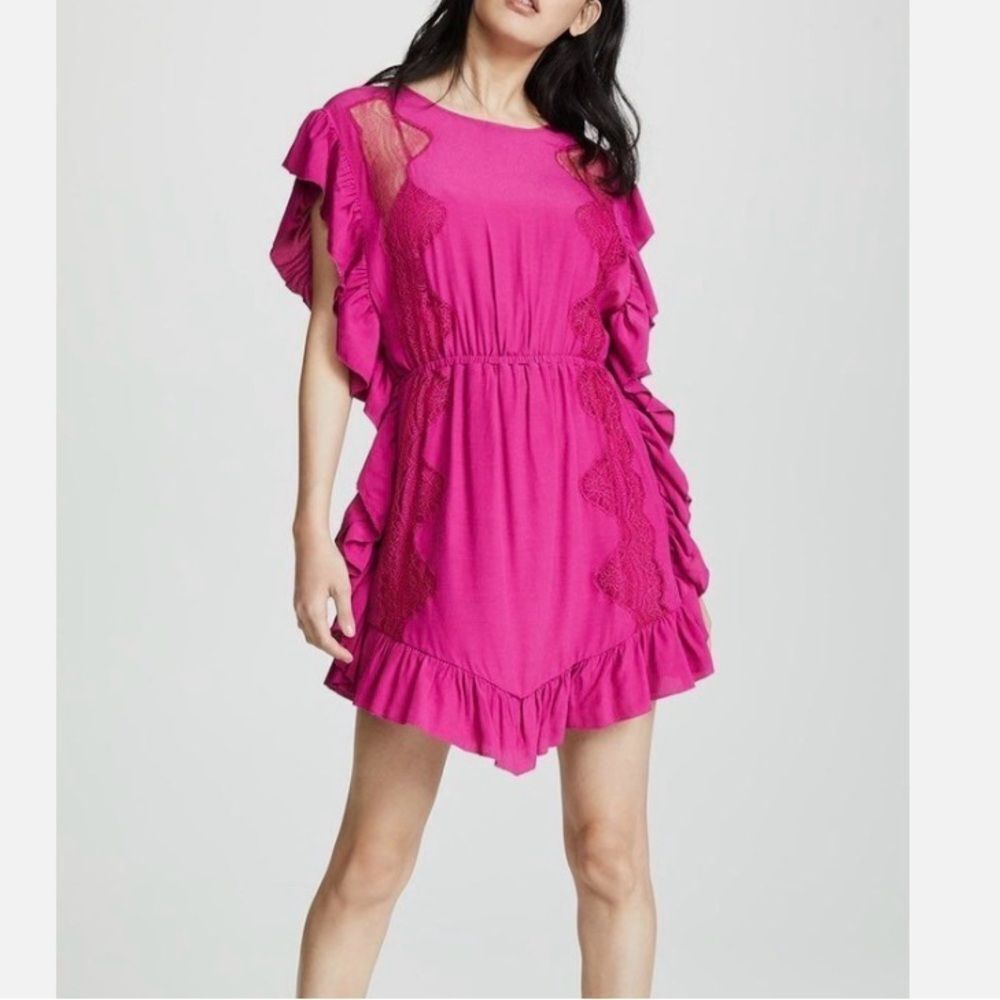 IRO Zestful Chantilly Lace-Trimmed Ruffled Crepe Dress Fuchsia XS NEW MSRP $425
